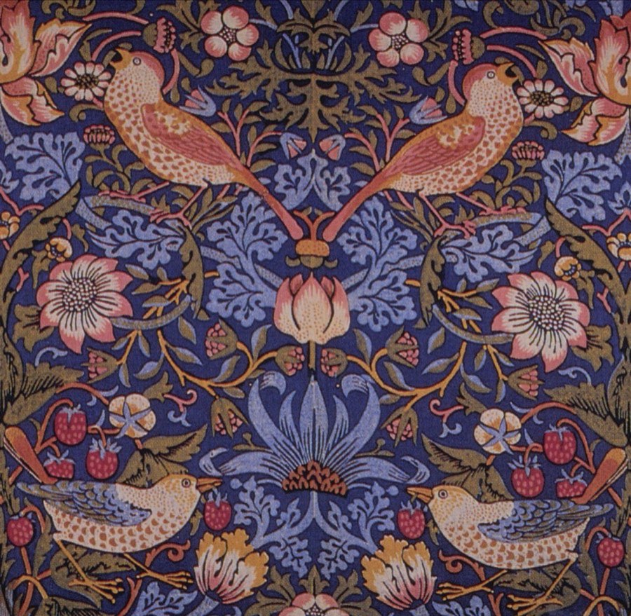 Indigo printed textile with birds and strawberries