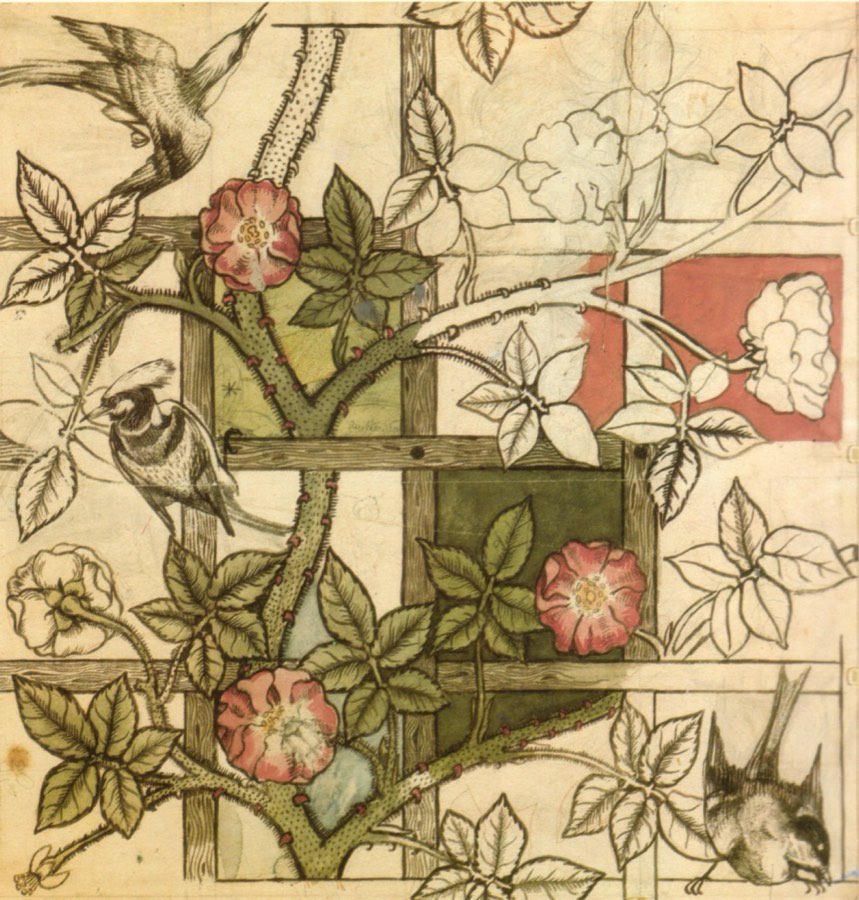 Hand-painted trellis wallpaper design with climbing roses and birds